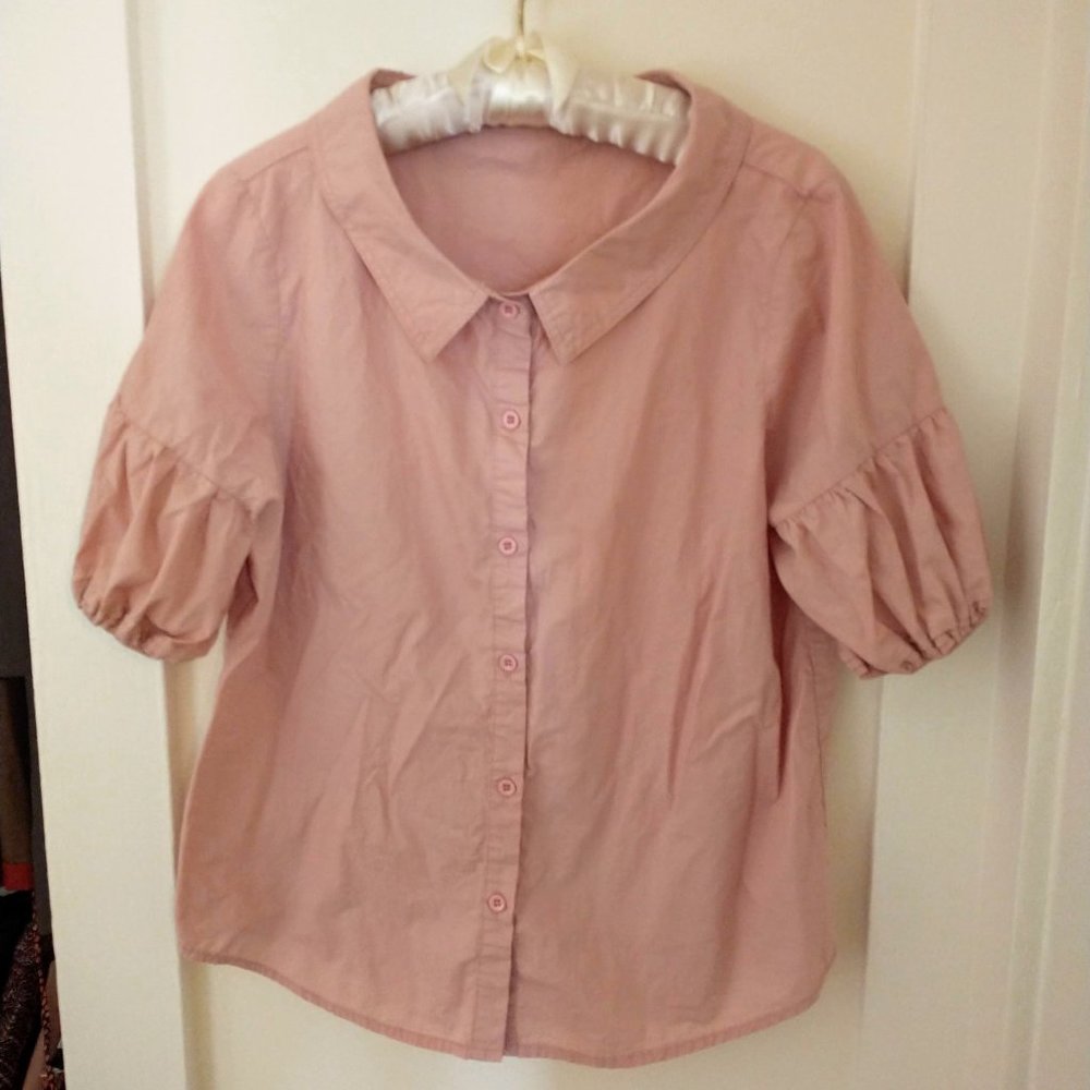 Pink Button-Down Blouse - Elastic Drop Sleeves, Size S/M